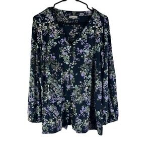 J Jill Blouse Womens XS Petite Blue Floral V-Neck Long Sleeve Button Front‎ Top